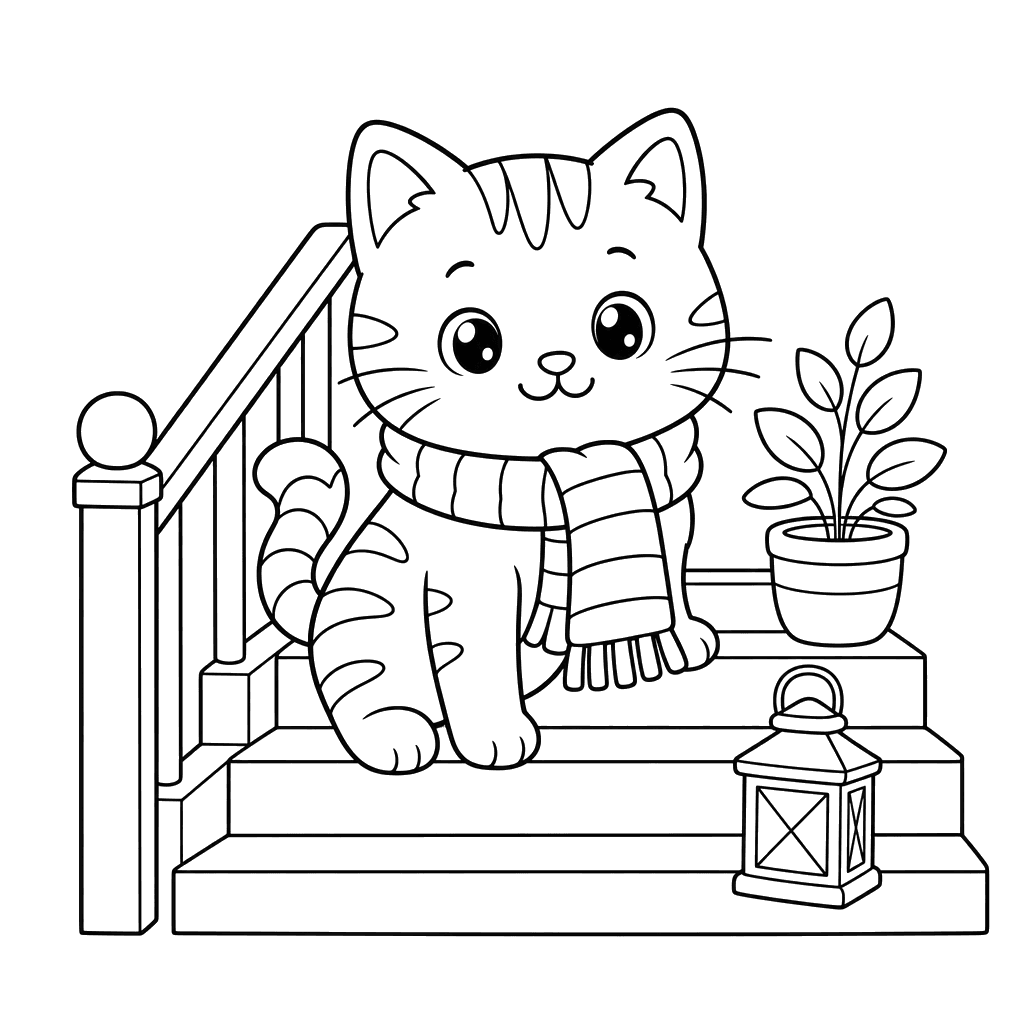 Striped Scarf Cat on a Staircase