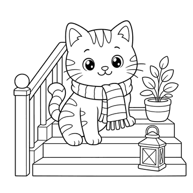 Striped Scarf Cat on a Staircase