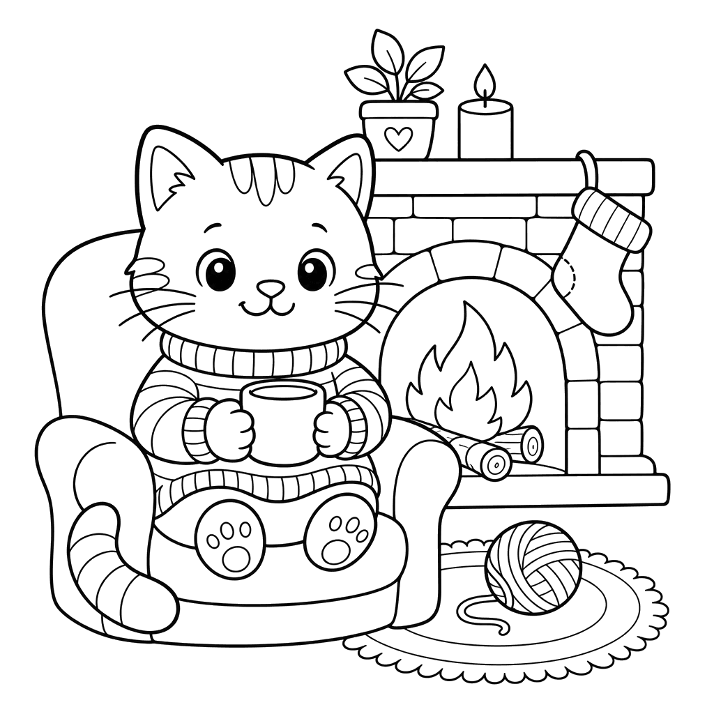 Cat in Striped Sweater by Fireplace — Coloring Page