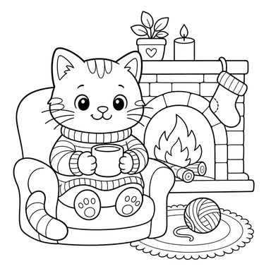Cat in Striped Sweater by Fireplace — Coloring Page
