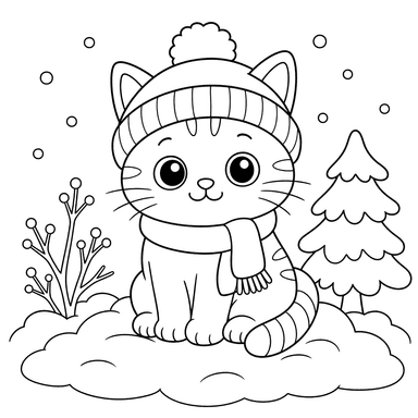 Cat in a Warm Hat on a Snowbank