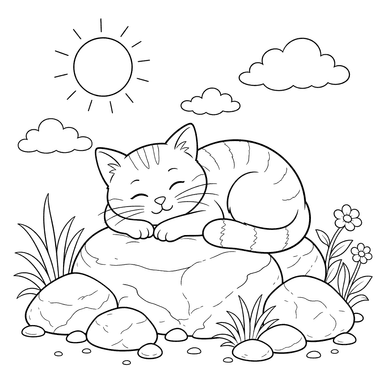 Cat Warming on Warm Stones Coloring Page