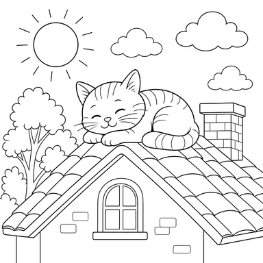 Cat Warming Up on the Roof — Coloring Page