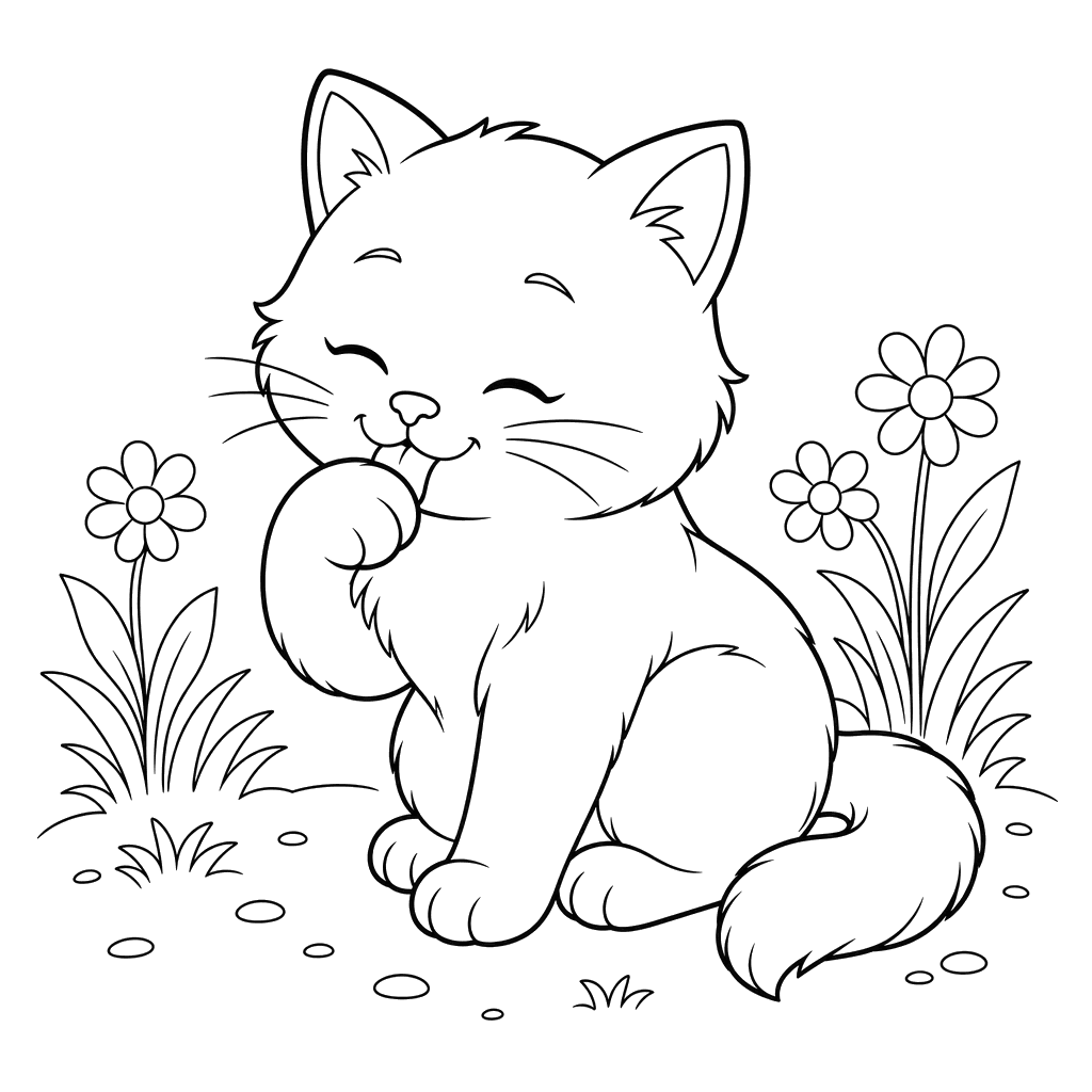 Cat Washing Its Face — Coloring Page