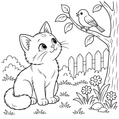 Cat Watching a Bird Coloring Page