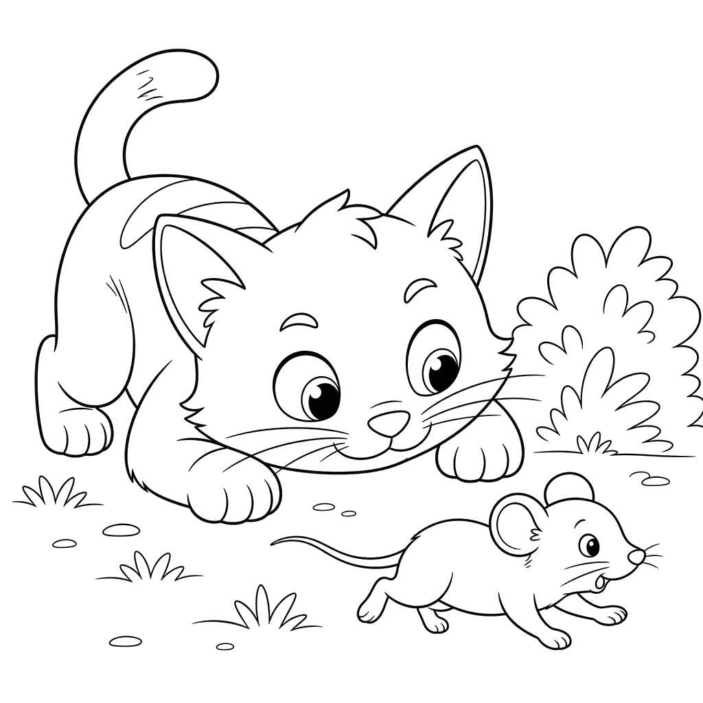 Cat Watching a Mouse: Printable Coloring Page