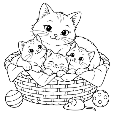 Cat with Kittens in a Basket