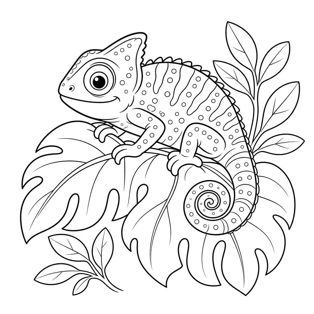 Chameleon on a Leaf Coloring Page