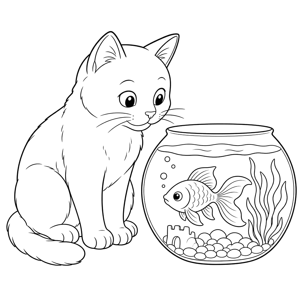 Chartreux Cat and Goldfish Coloring Page