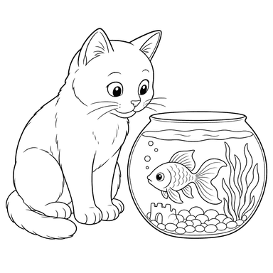 Chartreux Cat and Goldfish Coloring Page