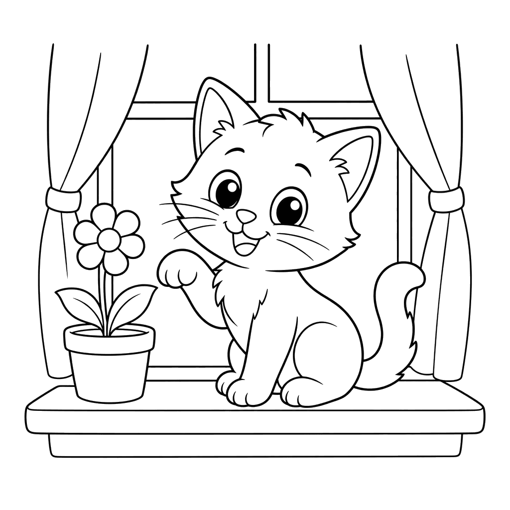 Cheerful kitten on a windowsill coloring page