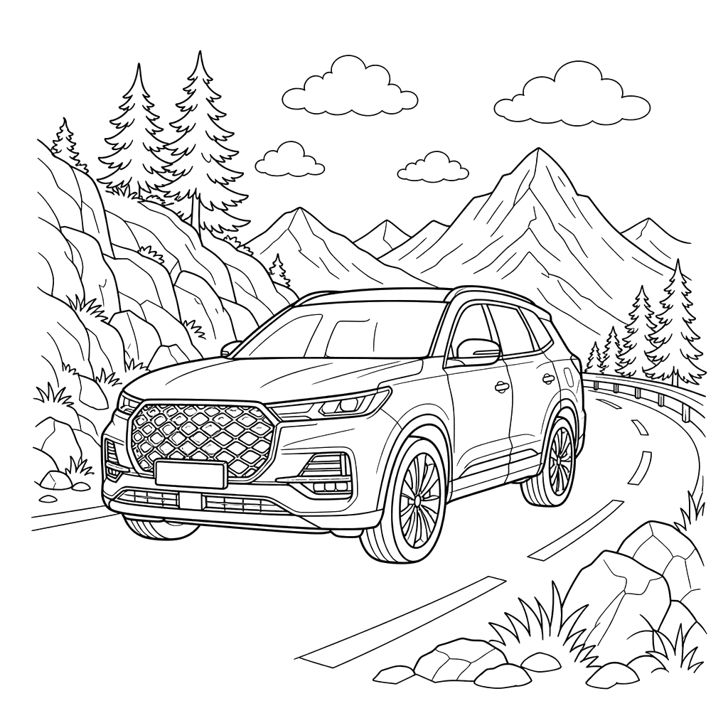 Chery Tiggo on a Mountain Road Coloring Page