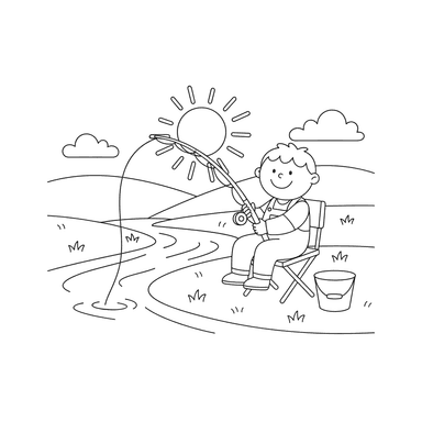 Child Fishing by the River Coloring Page