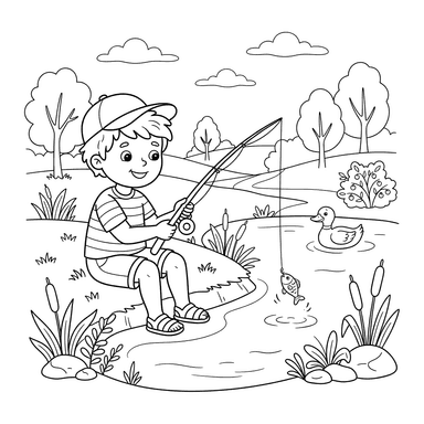 Child Fishing at Pond Coloring Page
