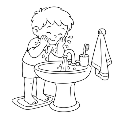 Child washing face at sink
