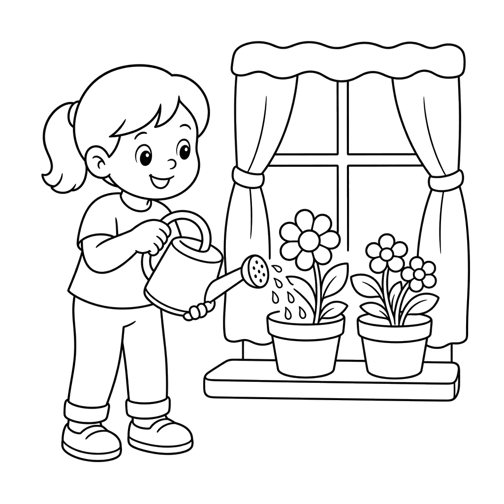 Child Watering Potted Flowers on a Sunny Windowsill