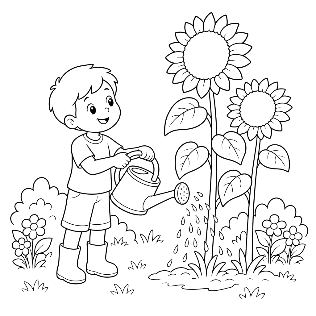 Summer Garden: Child Watering Sunflowers