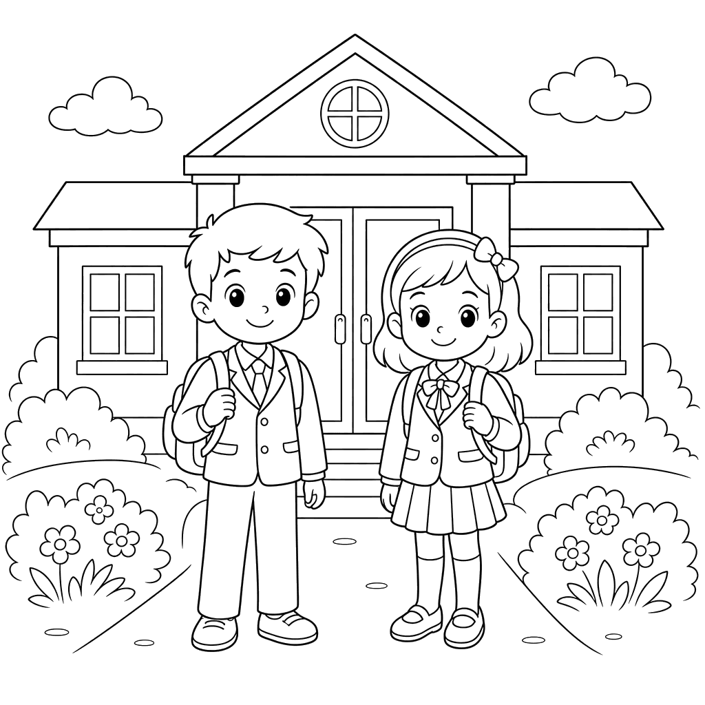 Children in School Uniforms at the Entrance
