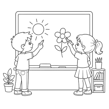 Children Drawing on a School Blackboard Coloring Page