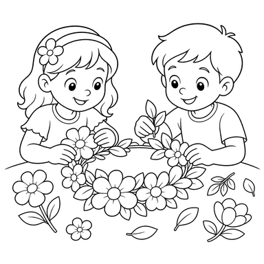 Children Making a Flower Crown at a Table – Coloring Page