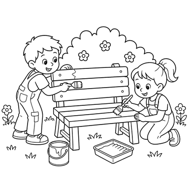 Children painting a bench