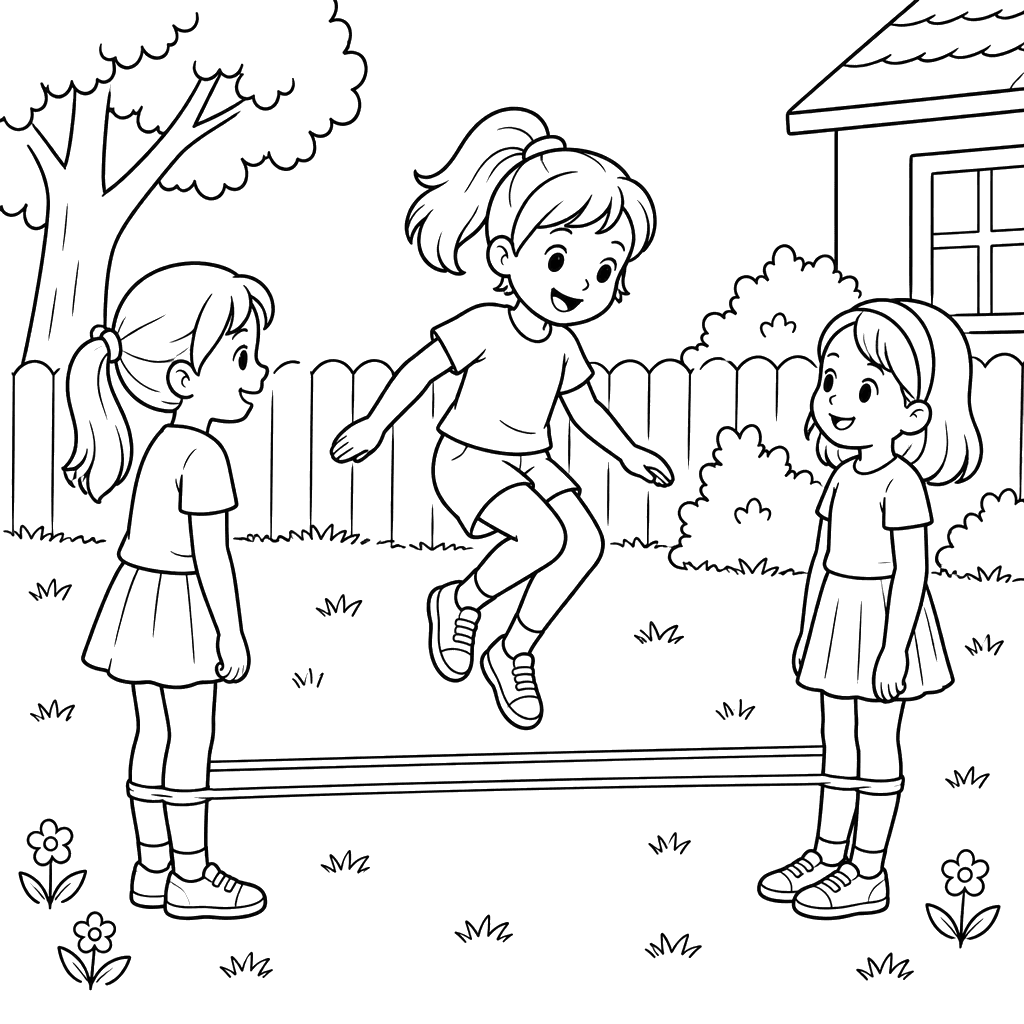 Children Playing Elastic in the Yard