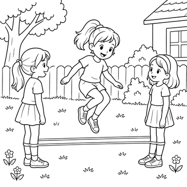 Children Playing Elastic in the Yard