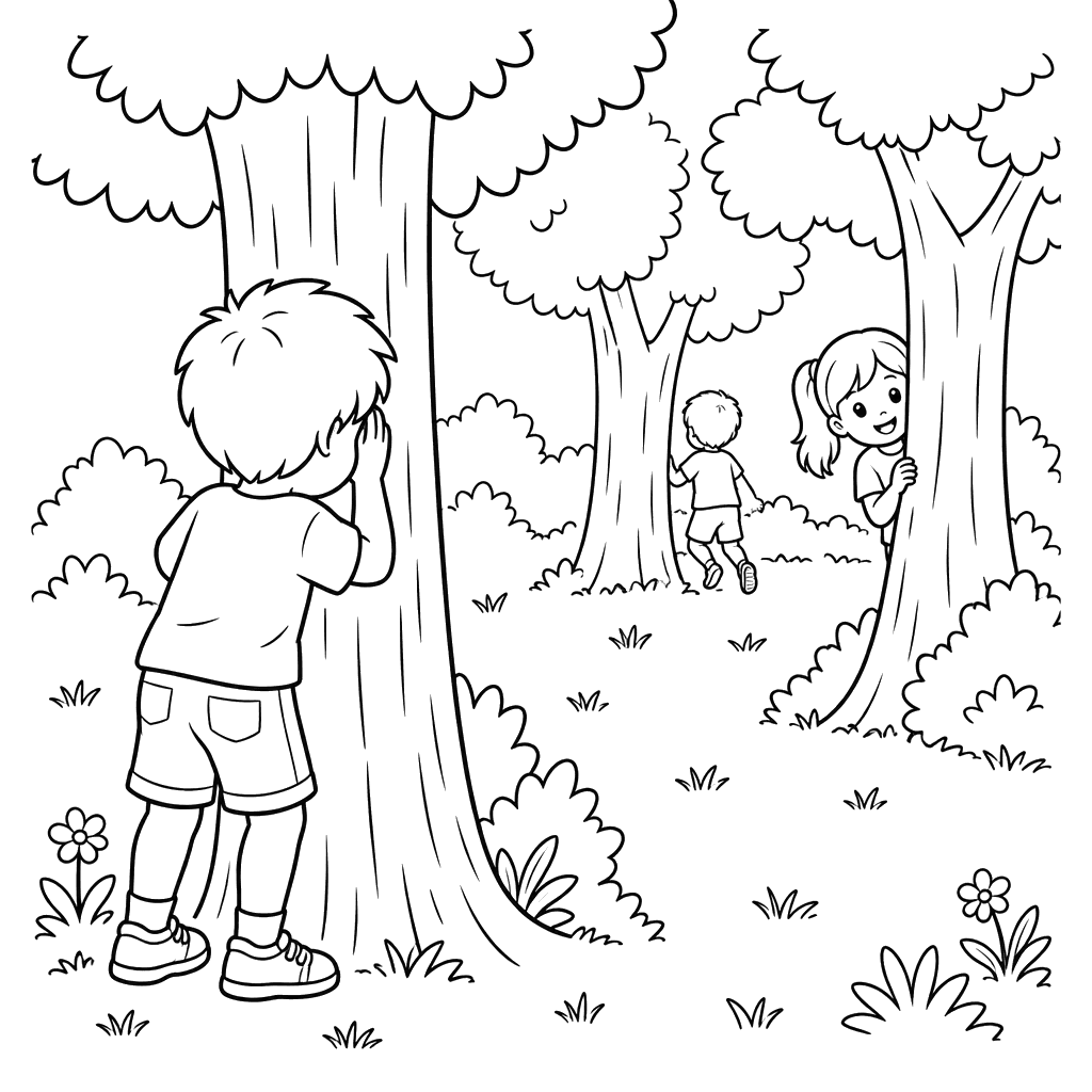 Children Playing Hide-and-Seek Among Trees