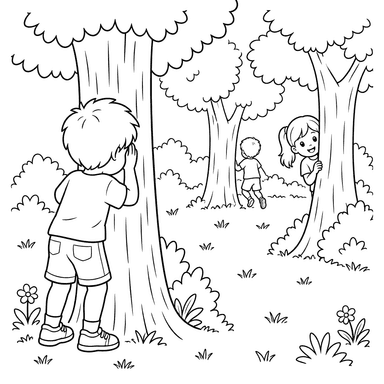 Children Playing Hide-and-Seek Among Trees