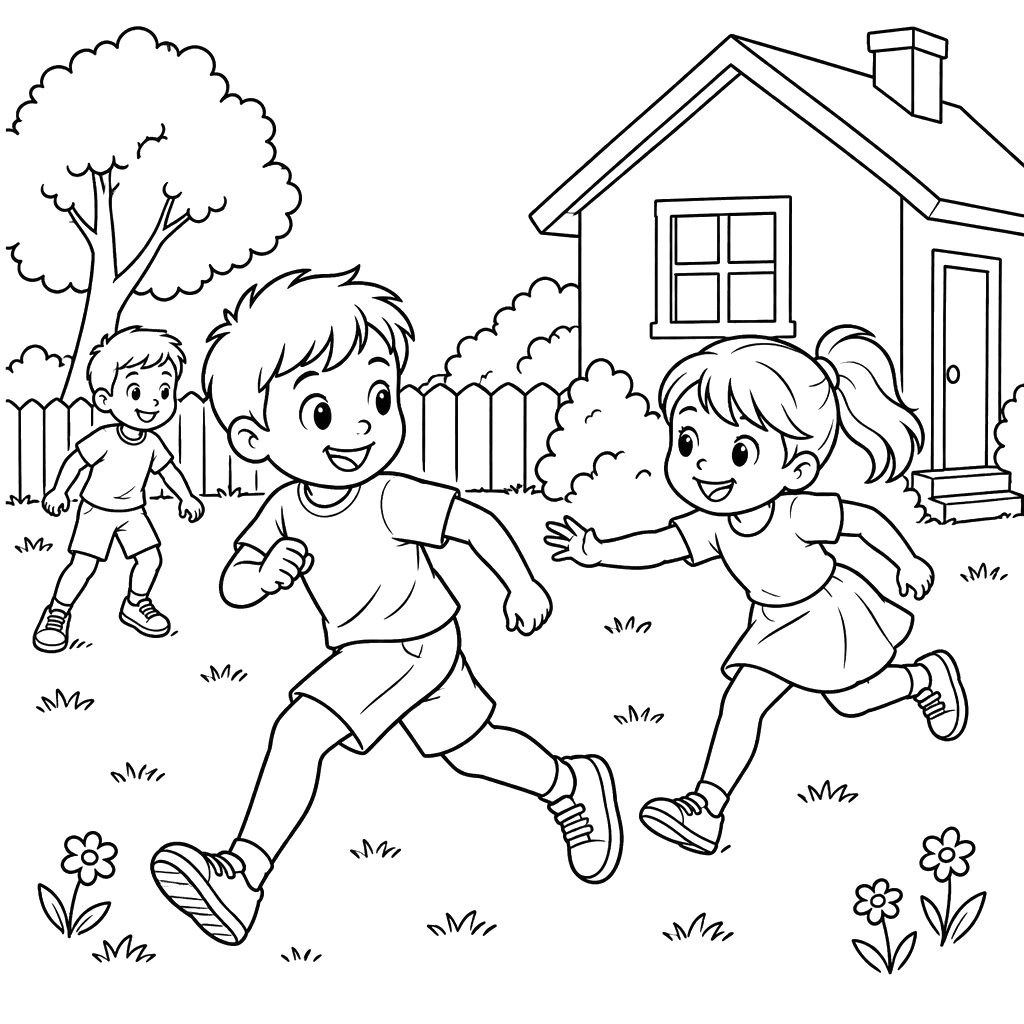 Children Playing Tag by the House