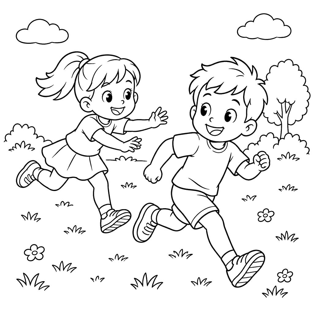Children Playing Tag on a Meadow