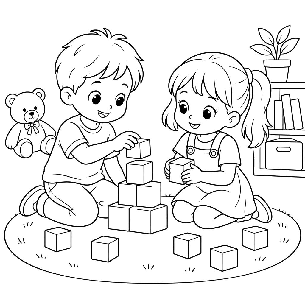 Children Playing with Blocks on a Rug