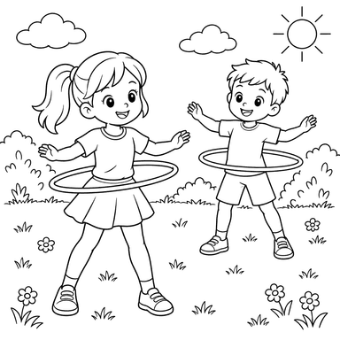 Children Playing with Hoops Coloring Page