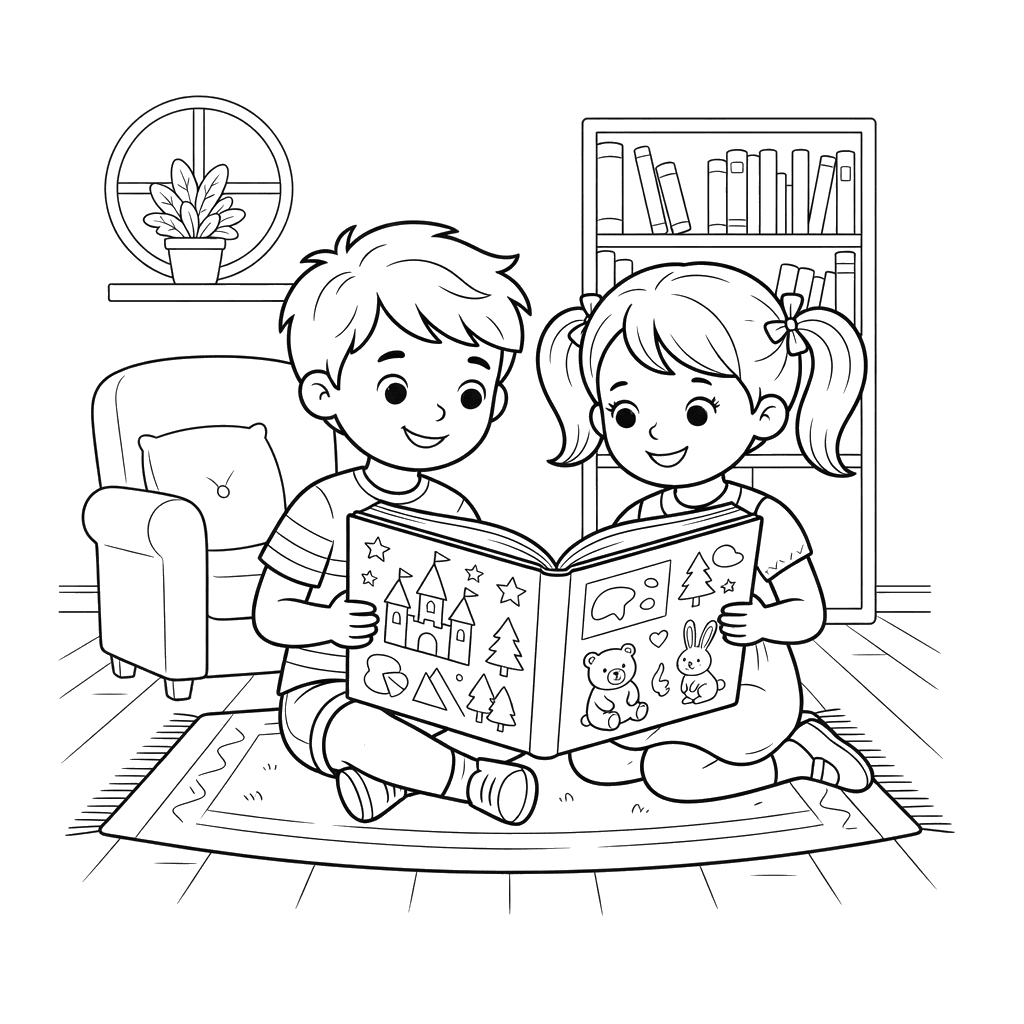 Children Reading Book Coloring Page