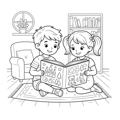Children Reading Book Coloring Page
