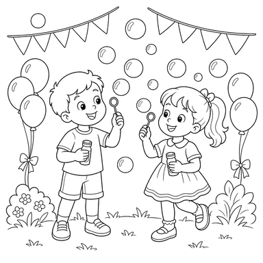 Children Blowing Soap Bubbles Coloring Page