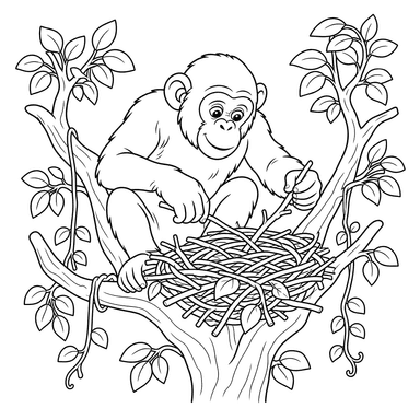 Chimpanzee Builds a Nest Coloring Page
