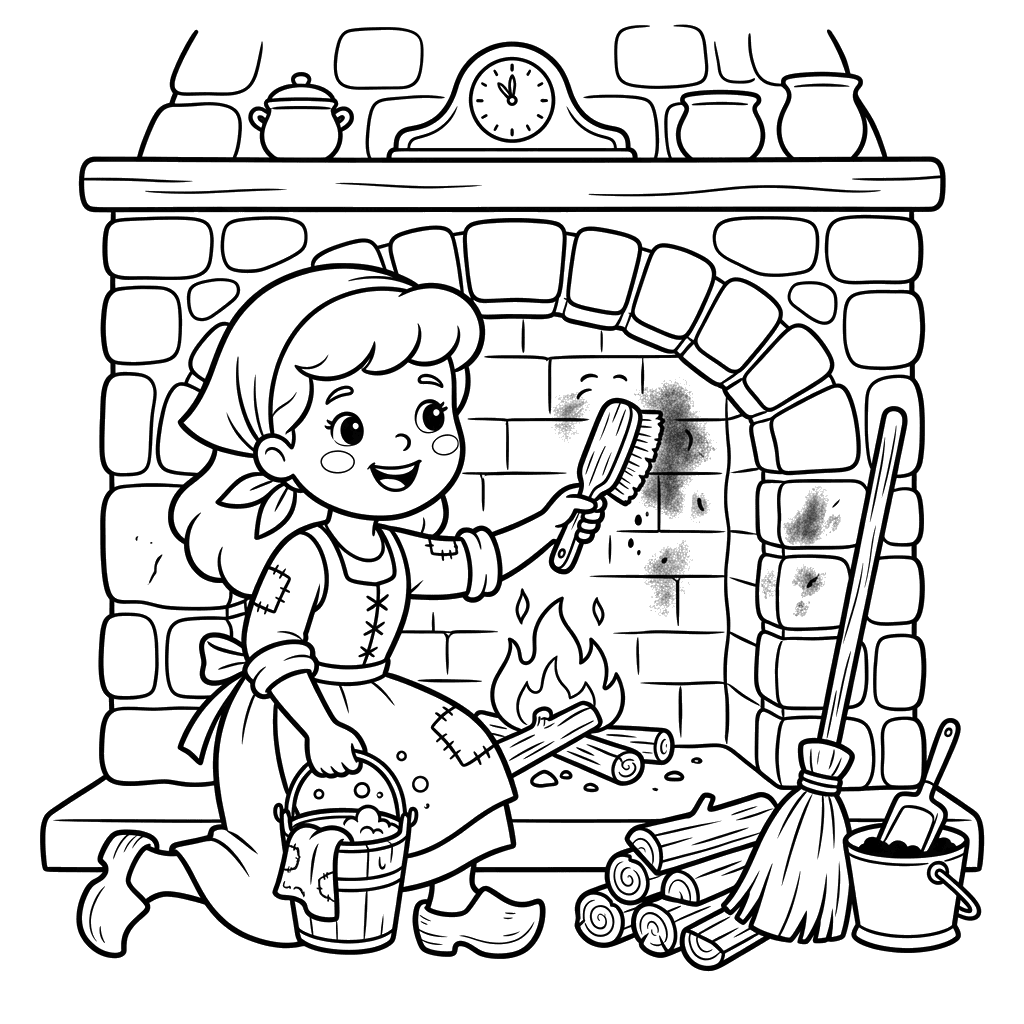 Cinderella Cleaning the Fireplace Coloring Page
