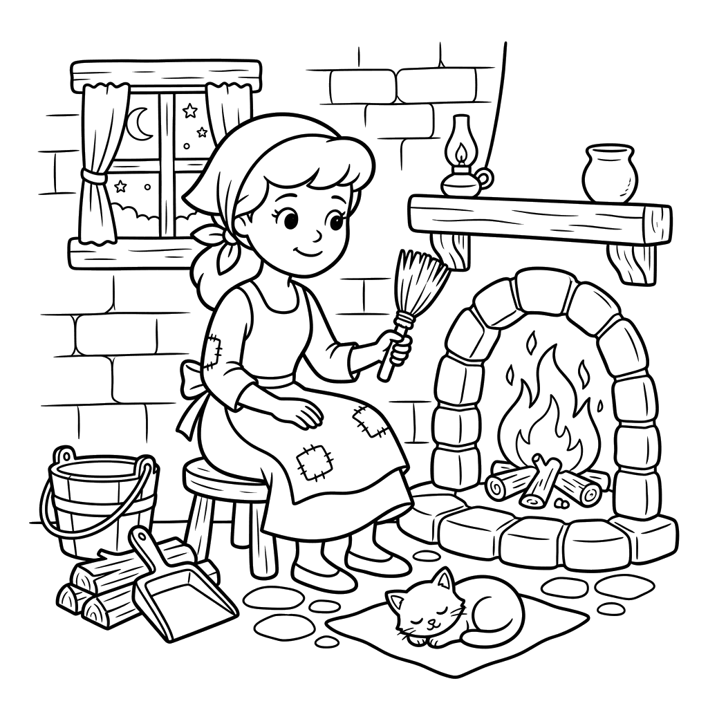 Cinderella by the Fireplace Coloring Page