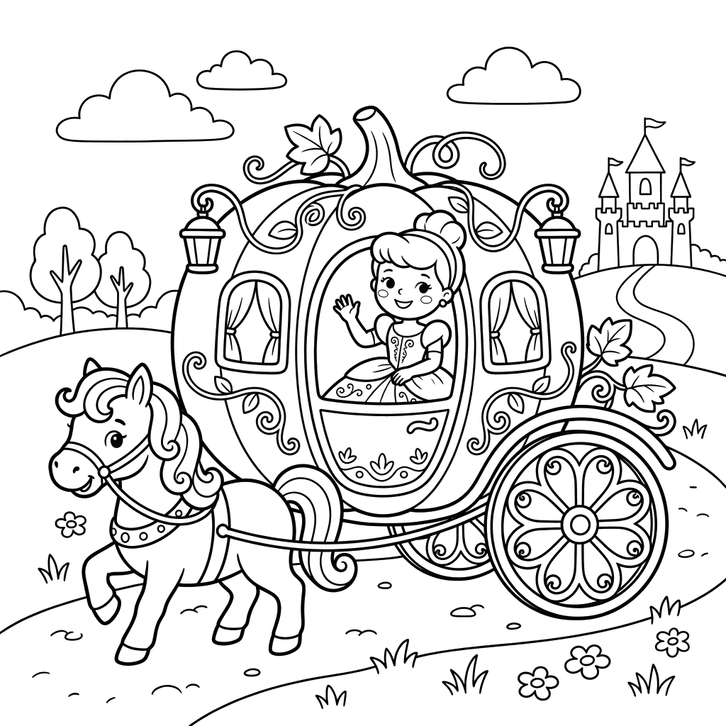 Cinderella in Magic Carriage Coloring Page