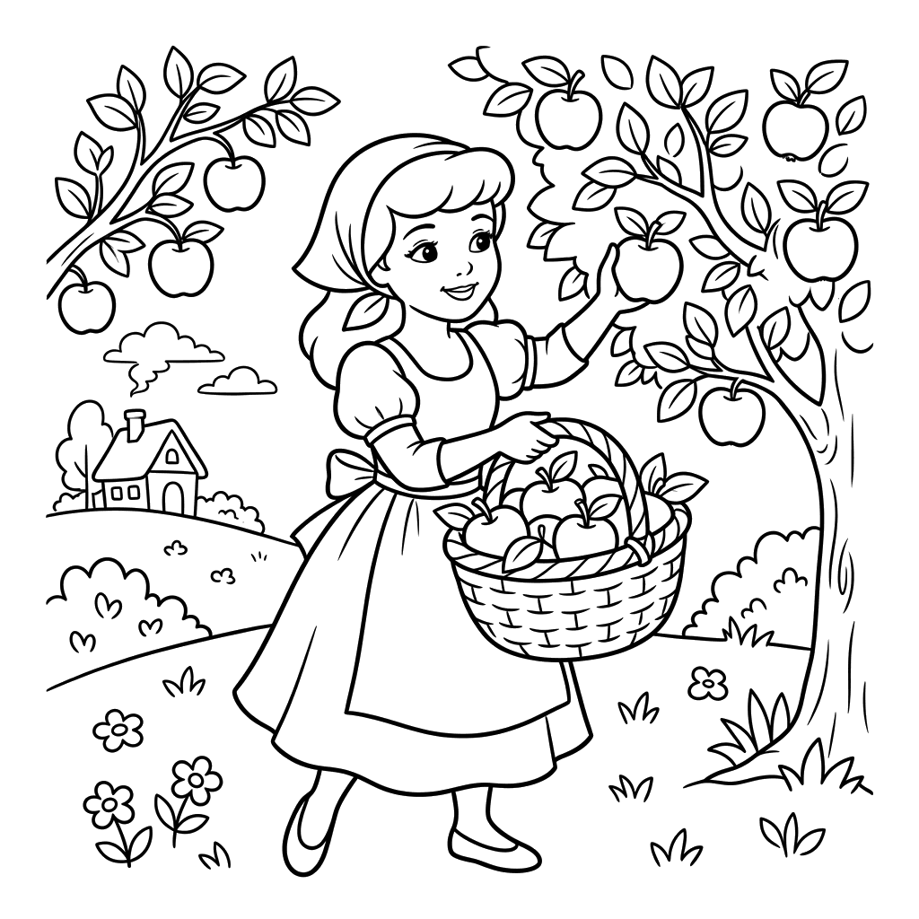 Cinderella Picking Apples Coloring Page