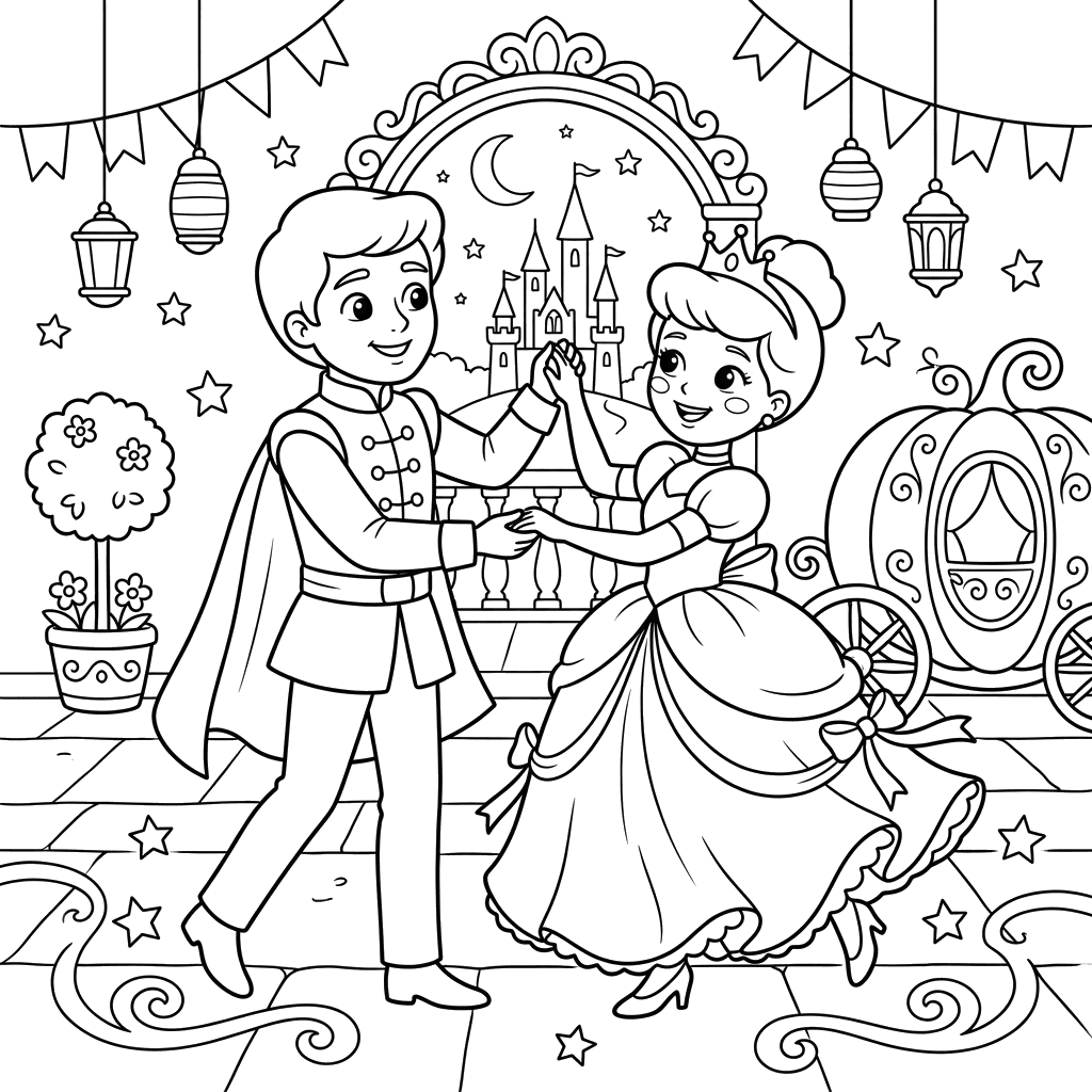 Cinderella and Prince Charming Dancing Coloring Page