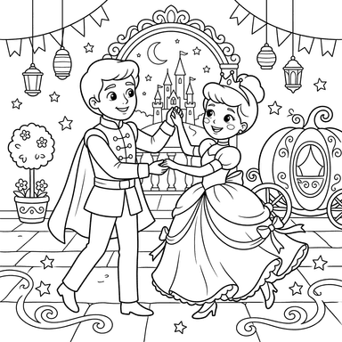 Cinderella and Prince Charming Dancing Coloring Page