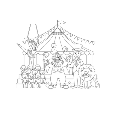 Circus Show Coloring Page with Clown, Acrobat, and Lion