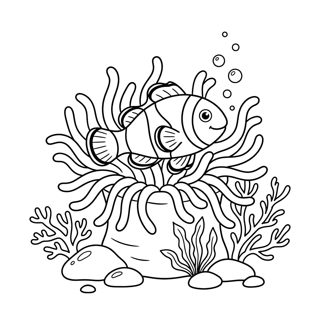 Clownfish in Anemone Coloring Page