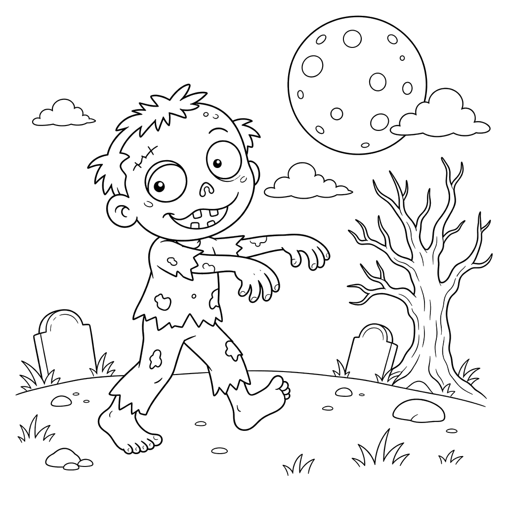 Clumsy Zombie under Full Moon Coloring Page