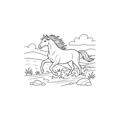 Horse Galloping by the River Coloring Page