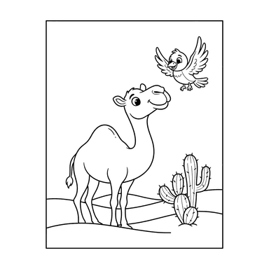 Malvorlage: Kamel und Wüstenvogel