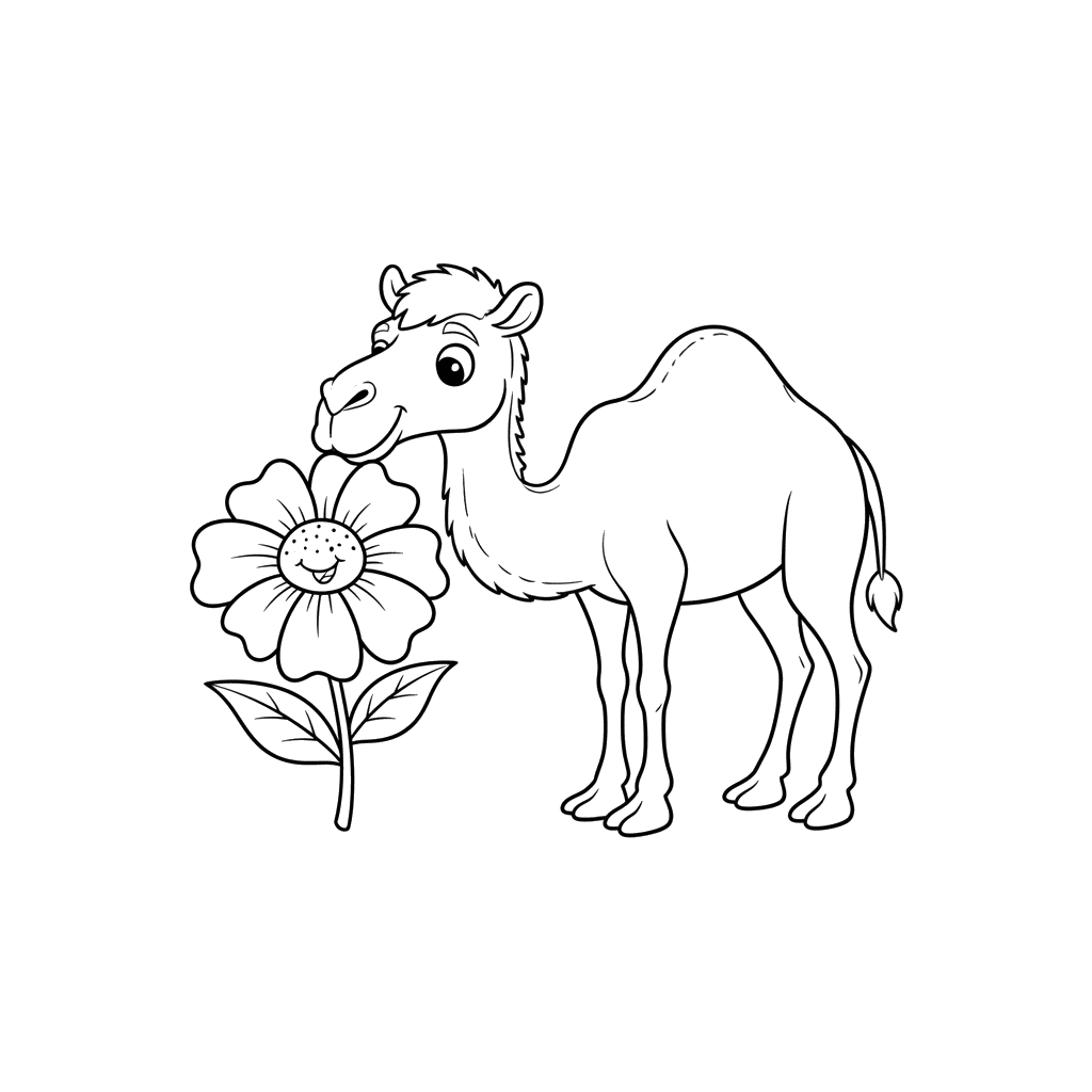 Camel Sniffing Desert Flower Coloring Page