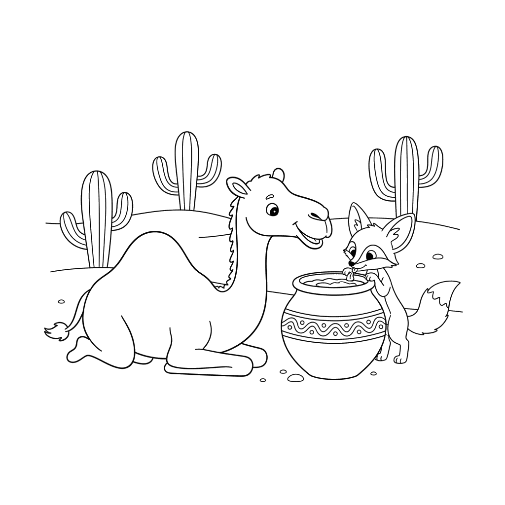 Kamel und Wüstenfuchs teilen Wasser